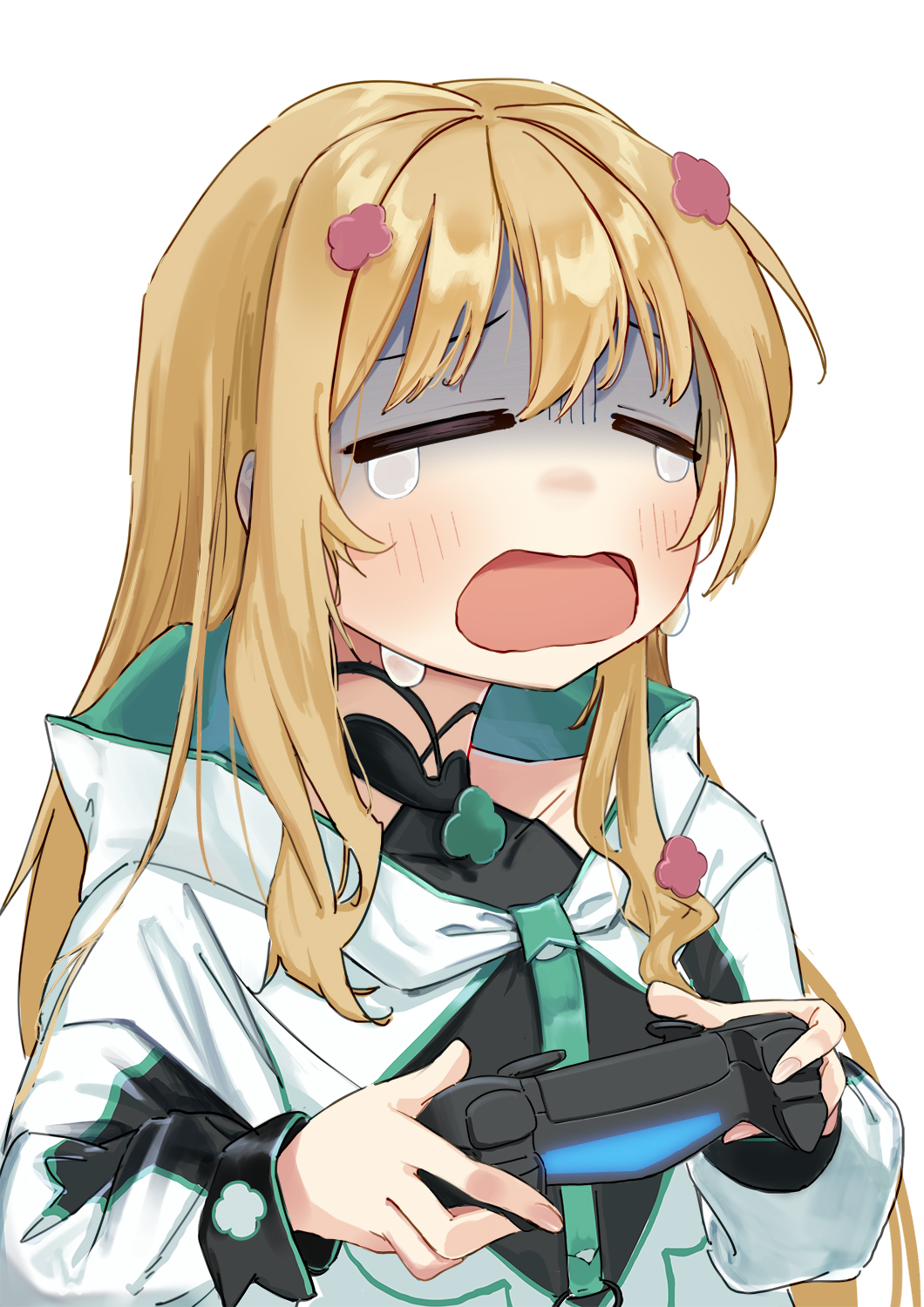 1girl, blonde_hair, blush, closed_eyes, copyright_request, crying, d:, handheld_game_console, highres, jacket, kumanomi, long_hair, long_sleeves, open_mouth, simple_background, solo, tears, turn_pale, upper_body, white_background, white_jacket