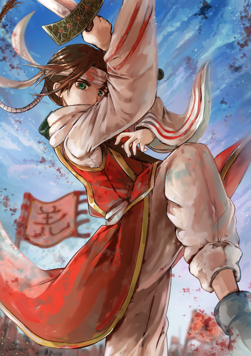 1girl, absurdres, banner, blood, blood_splatter, blue_sky, brown_hair, day
