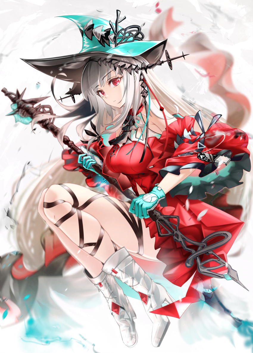 1girl, aqua_gloves, arknights, bangs, bare_shoulders, boots, breasts, detached_sleeves, gloves, grey_hair, hat, high_heels, highres, holding, holding_staff, long_hair, looking_at_viewer, red_eyes, skadi_(arknights), skadi_the_corrupting_heart_(arknights), solo, staff, yokaze_(yokajie)