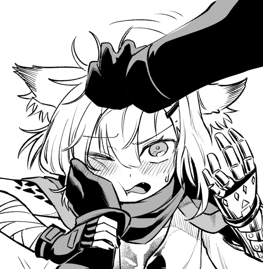 1girl, 1other, ambiguous_gender, animal_ear_fluff, animal_ears, arknights, arm_wrap, blush, bokiboki333, cape, cheek_squash, fang, fingerless_gloves, fox_ears, fox_girl, gloves, greyscale, hair_between_eyes, hair_ornament, hairclip, hands_up, headpat, highres, holding_another's_wrist, jewelry, looking_at_viewer, messy_hair, monochrome, necklace, open_mouth, oripathy_lesion_(arknights), pov, prosthesis, prosthetic_arm, shirt, short_hair, simple_background, solo_focus, sweatdrop, vermeil_(arknights), white_background