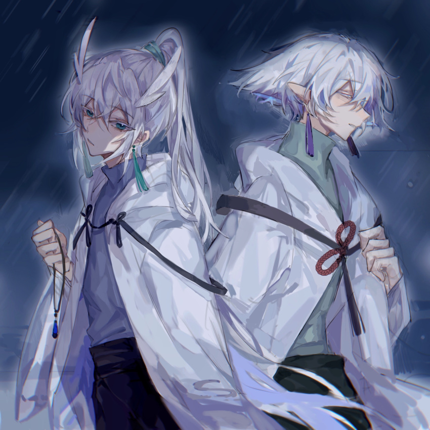 2boys, back-to-back, bai_xiao, bishounen, blue_eyes, bob_cut, chishuixiaowangzi, closed_eyes