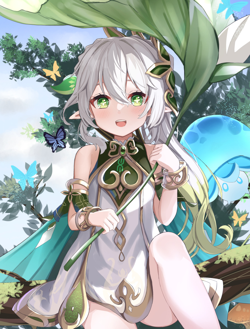 1girl, :d, absurdres, bare_shoulders, blush, bracelet, bug, butterfly