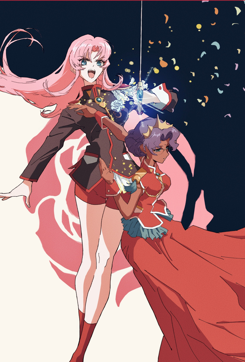 2girls, absurdres, aiguillette, bangs, bike_shorts, bindi, black_jacket, bloom_into_me15, blue_eyes, dark-skinned_female, dark_skin, dress, earrings, epaulettes, flower, glasses, glint, green_eyes, hair_intakes, highres, himemiya_anthy, holding, holding_sword, holding_weapon, jacket, jewelry, long_dress, long_hair, long_sleeves, looking_at_viewer, looking_down, multicolored_background, multiple_girls, ootori_gakuen_school_uniform, parted_bangs, pink_hair, purple_hair, red_dress, red_socks, ring, rose, school_uniform, short_hair, shoujo_kakumei_utena, single_earring, single_epaulette, sleeveless, sleeveless_dress, socks, sword, sword_of_dios, tenjou_utena, tiara, weapon, wrist_cuffs