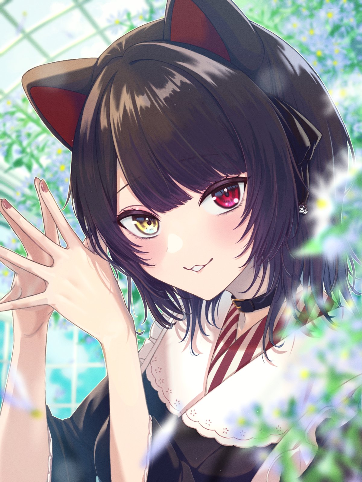 1girl, :3, animal_ears, black_hair, blurry, casual, choker, depth_of_field, dog_ears, frills, greenhouse, heterochromia, highres, inui_toko, japanese_clothes, looking_at_viewer, makamu, nail, nijisanji, official_alternate_hair_length, official_alternate_hairstyle, parted_lips, red_eyes, short_hair, solo, upper_body, virtual_youtuber, yellow_eyes