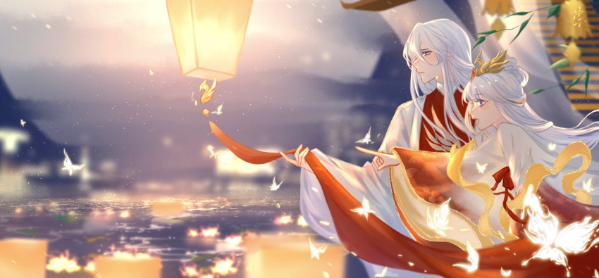 1boy, 1girl, boat, character_request, chinese_clothes, festival, hanfu, highres
