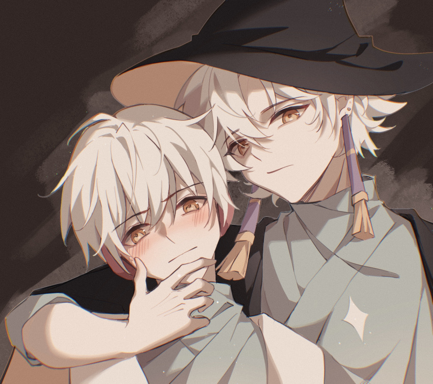 2boys, bishounen, cape, earrings, grateful_shell_collector, grey_hair, hat, highres