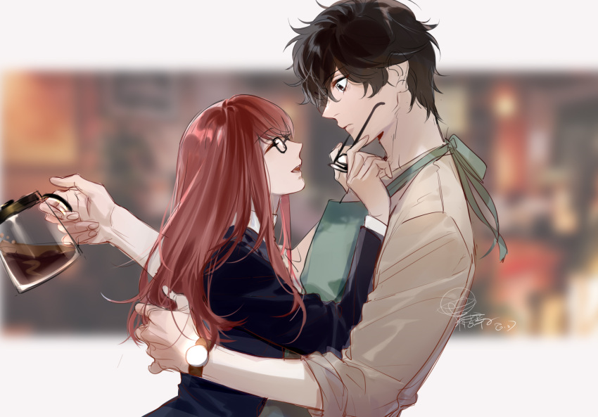 1boy, 1girl, amamiya_ren, apron, bangs, black-framed_eyewear, black_eyes, black_hair