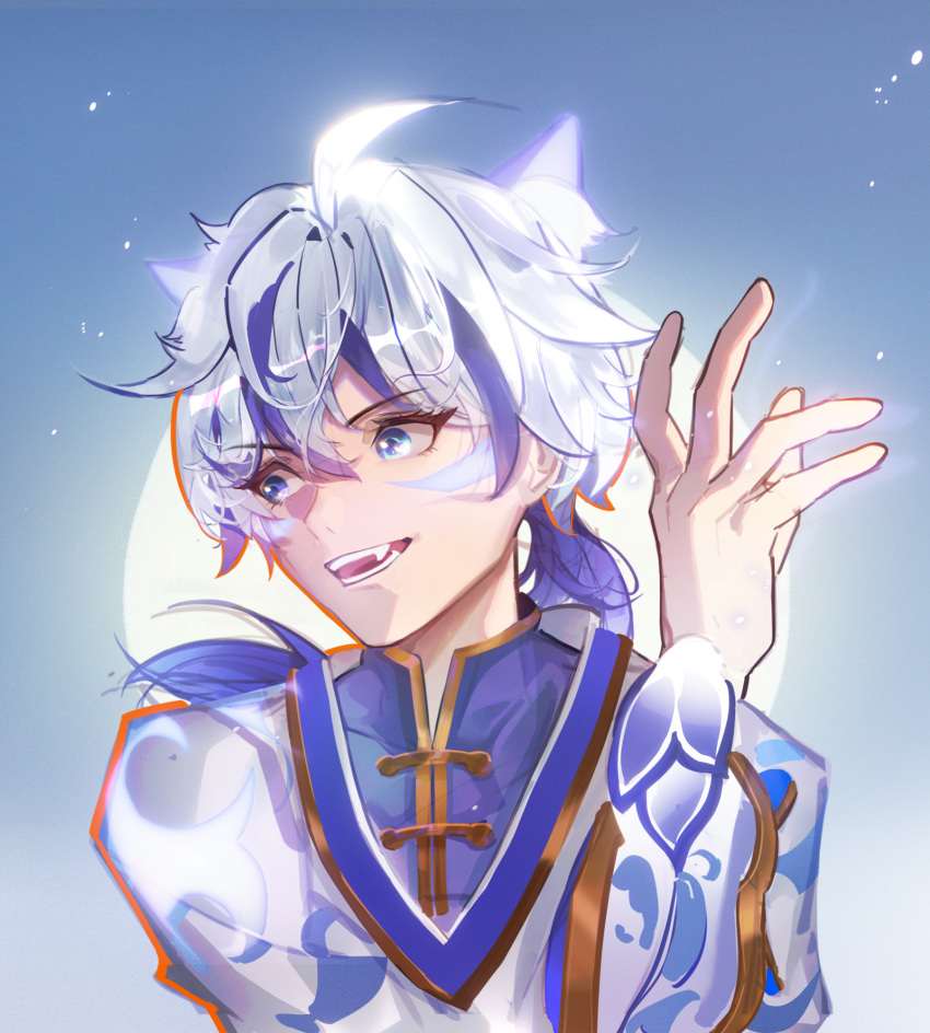 1boy, :d, ahoge, animal_ear_fluff, animal_ears, bangs, blue_eyes, cat_ears