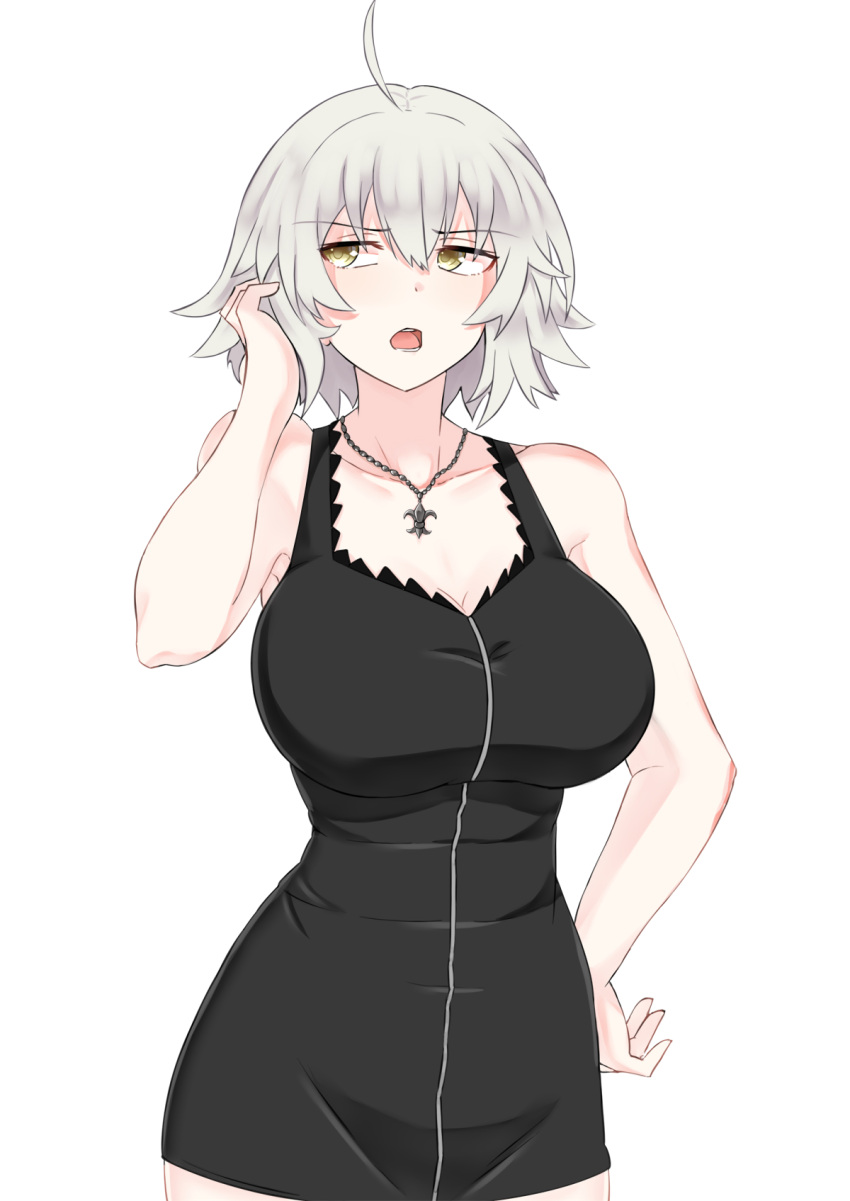 1girl, black_dress, breasts, collarbone, dress, fate/grand_order, fate_(series), grey_hair