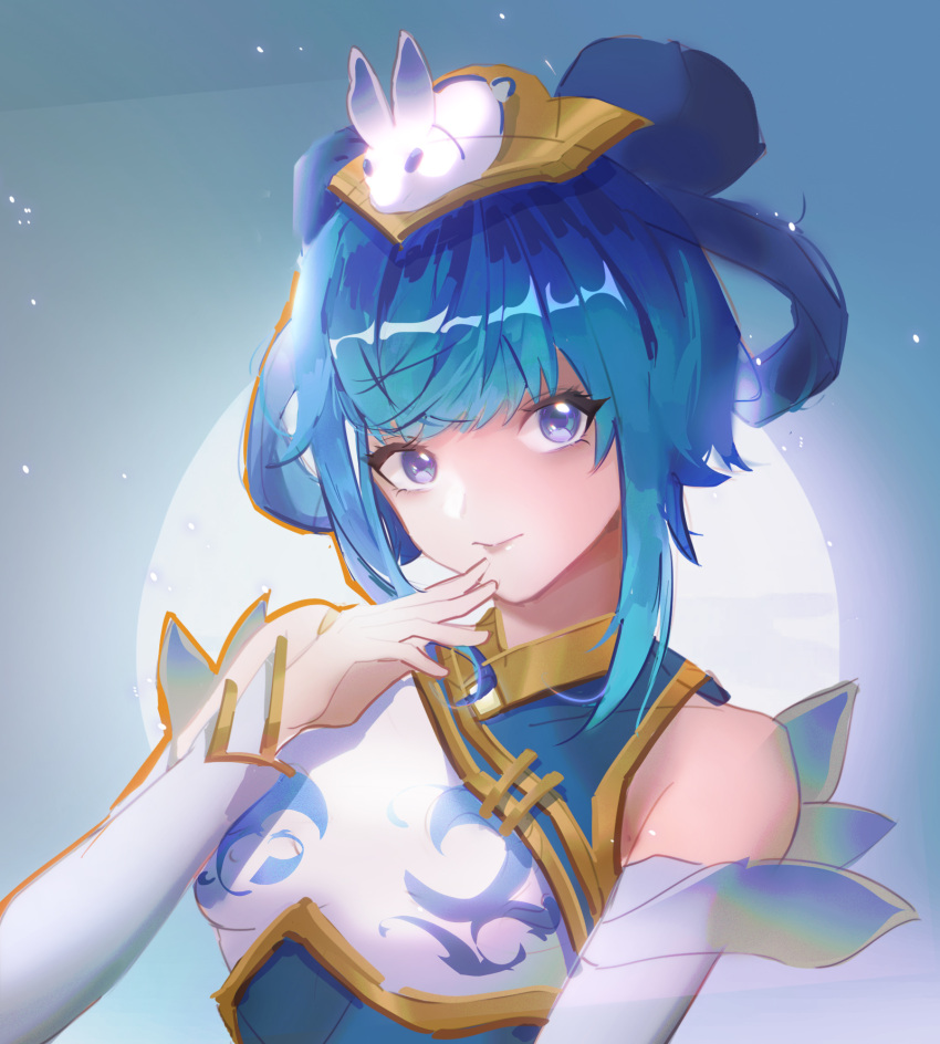 1girl, bangs, blue_hair, breasts, bunny_hair_ornament, closed_mouth, detached_sleeves, double_bun