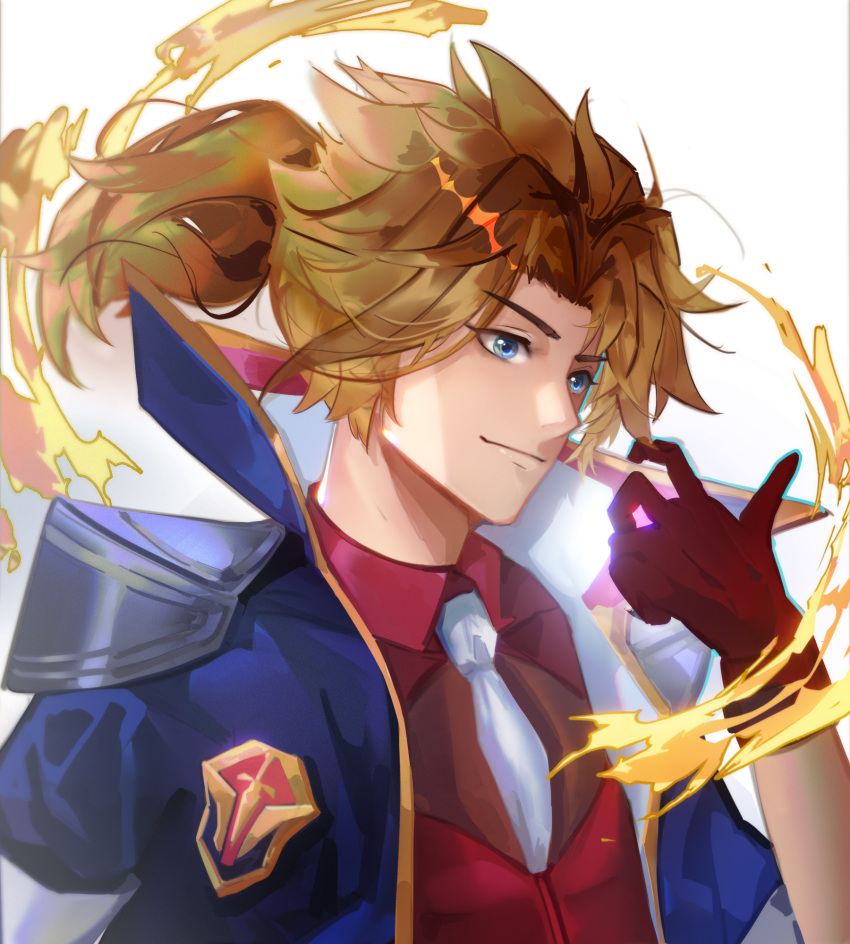 1boy, bangs, battle_academia_ezreal, blonde_hair, blue_eyes, blue_jacket, closed_mouth, collared_shirt