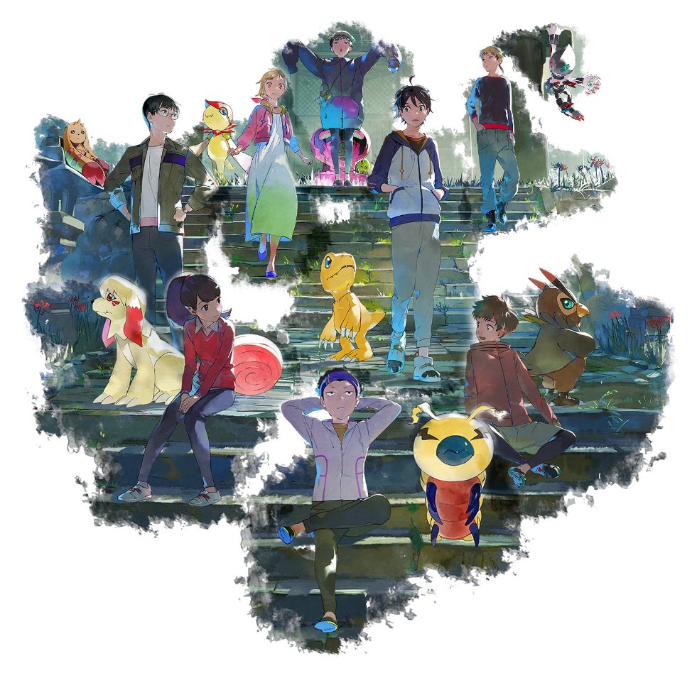 2girls, 5boys, agumon, ahoge, bangs, black_pants, brown_hair, brown_hoodie, brown_pants, character_request, check_character, digimon, digimon_(creature), digimon_survive, dracmon, dress, falcomon, floramon, glasses, green_pants, grey_jacket, grey_shirt, hood, hood_down, hooded_jacket, hoodie, jacket, kayama_shuuji, kimijima_saki, kunemon, labramon, long_hair, long_sleeves, looking_at_another, lopmon, minoru_hinata, momotsuka_takuma, mrgniteanemone, multiple_boys, multiple_girls, open_clothes, open_jacket, orange_shirt, pants, ponytail, red_shirt, shakomon, shibuya_aoi, shinonome_kaito, shinonome_miu, shirt, short_hair, sitting, smile, stairs, standing, tominaga_ryou, white_dress