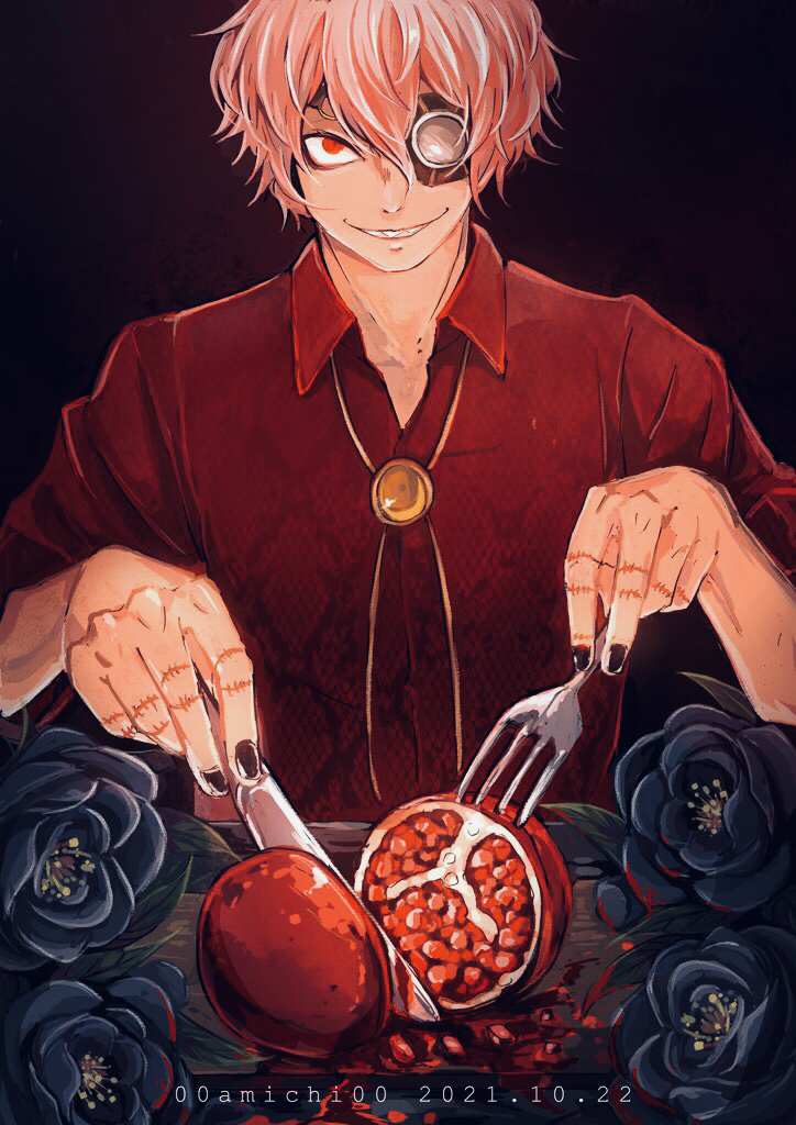 1boy, amichi1005, bangs, black_background, black_nails, bolo_tie, brooch, dated