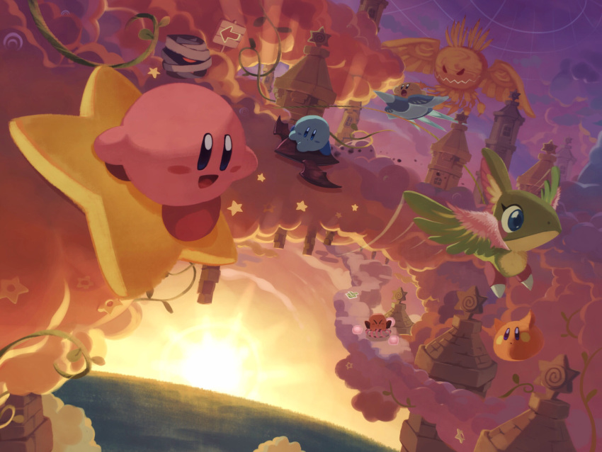 bandages, building, clouds, creature, doomer_(kirby), driving, flappy_(kirby), grand_doomer, happy, highres, kirby, kirby's_return_to_dream_land, kirby_(series), kirby_air_ride, monster, open_mouth, outdoors, plant, revision, riding, scarfy, scenery, shadow_star, sign, sky, slick_star, smile, sodory, star_(symbol), sunset, suyasuyabi, ufo_(kirby), vines, warp_star, wing_star