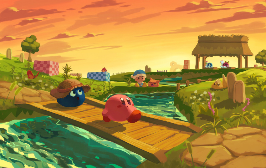 bobo_(kirby), bridge, bug, butterfly, cattail, chip_(kirby), closed_eyes, dot_mouth