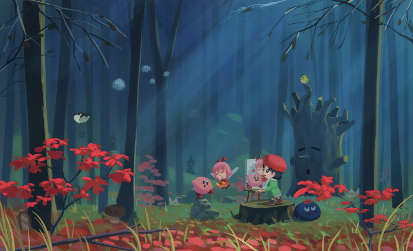 2girls, adeleine, black_hair, bug, butterfly, character_request, check_character, chip_(kirby)