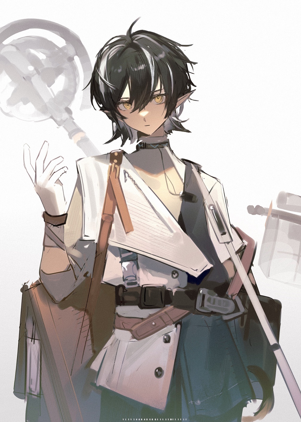 1boy, :|, arknights, bag, belt, black_belt, black_hair, brown_bag