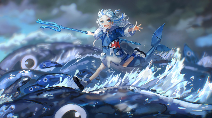 animal_hood, blue_hair, clouds, cloudy_sky, fish, fish_tail, gake_no_ue_no_ponyo, gawr_gura