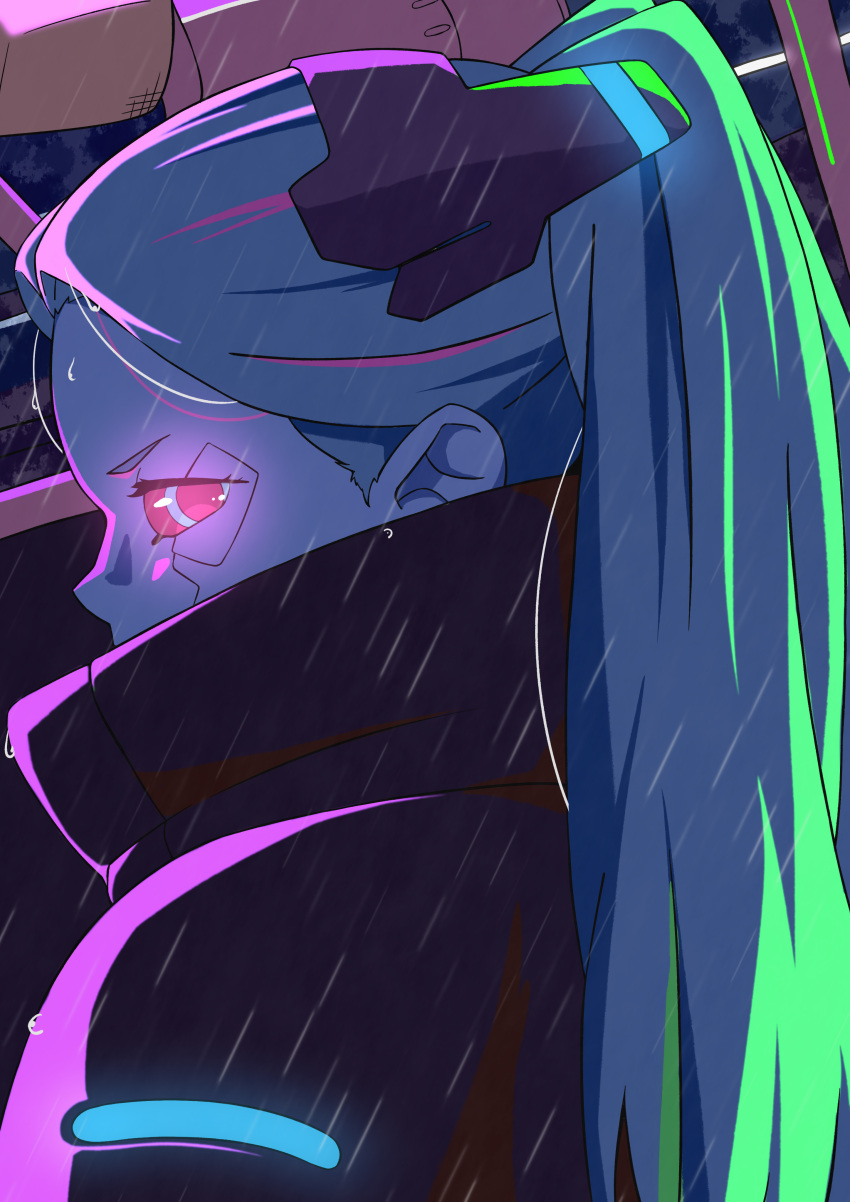 1girl, a_f, absurdres, blue_hair, blue_skin, colored_sclera, colored_skin, commentary_request, cyberpunk, cyberpunk_edgerunners, cyborg, glowing, glowing_eye, highres, jacket, looking_at_viewer, looking_to_the_side, mechanical_parts, neon_lights, rain, rebecca_(cyberpunk_edgerunners), red_eyes, red_sclera, samurai_jacket, solo, twintails