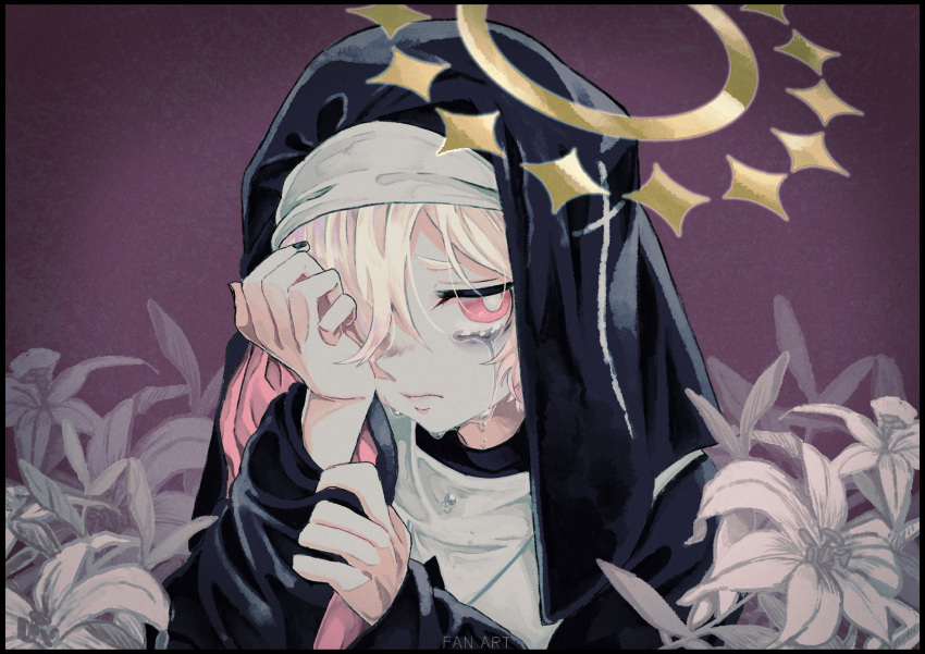 1girl, bags_under_eyes, bangs, blonde_hair, covering_one_eye, crying, flower, frown