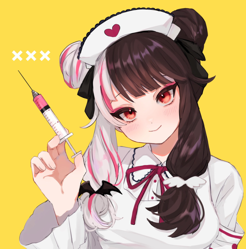 1girl, bangs, black_hair, dot_nose, double_bun, eyeshadow, hair_bun, hat
