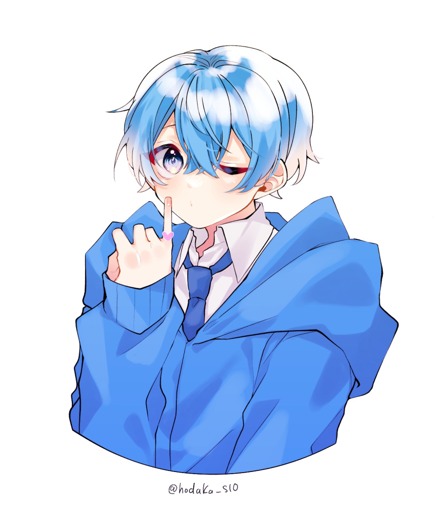 1boy, blue_eyes, blue_hair, blue_hoodie, blue_necktie, closed_mouth, collared_shirt, colon_(stpri)