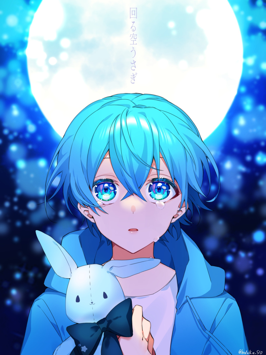 1boy, blue_eyes, blue_hair, blue_hoodie, blue_theme, colon_(stpri), crying, crying_with_eyes_open