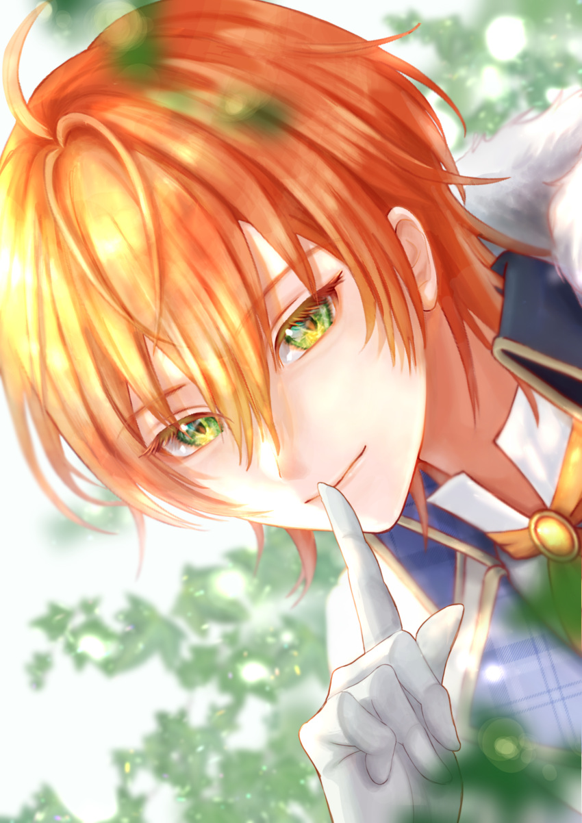 1boy, absurdres, ahoge, closed_mouth, finger_to_mouth, fj2020, gloves, green_background