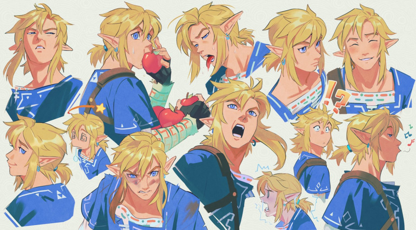 1boy, apple, blonde_hair, blue_tunic, blush, closed_eyes, confused, dirty