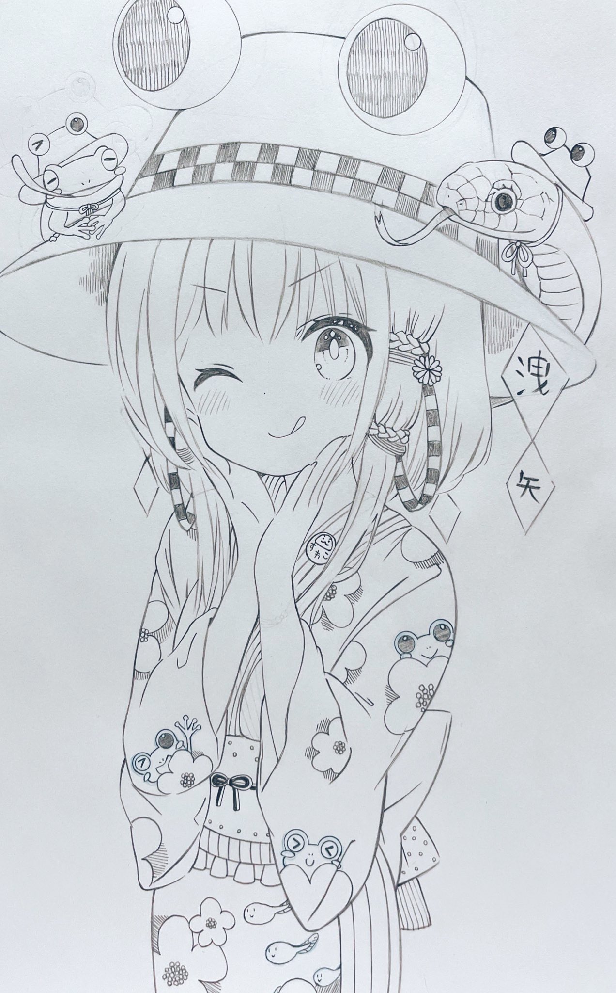 1girl, animal, bangs, blush, frog, hair_ornament, hands_up, happy