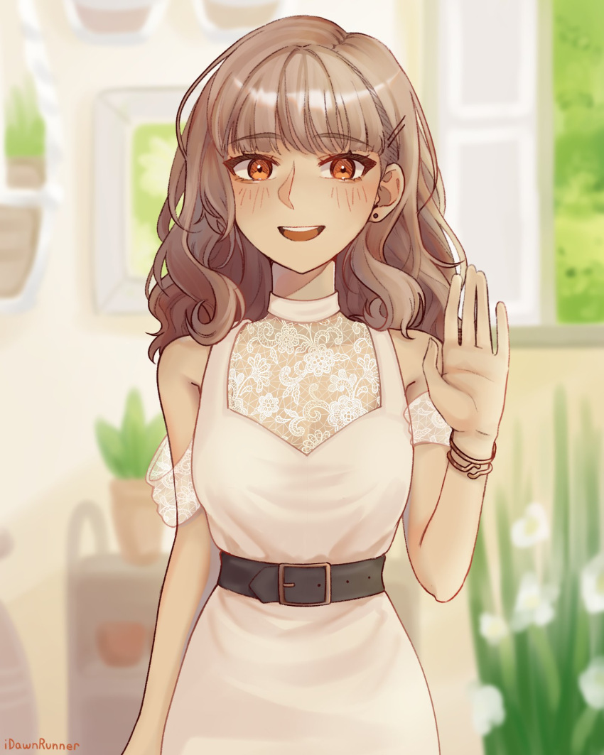 1girl, artist_name, belt, blurry, blurry_background, blush, bracelet, brown_eyes