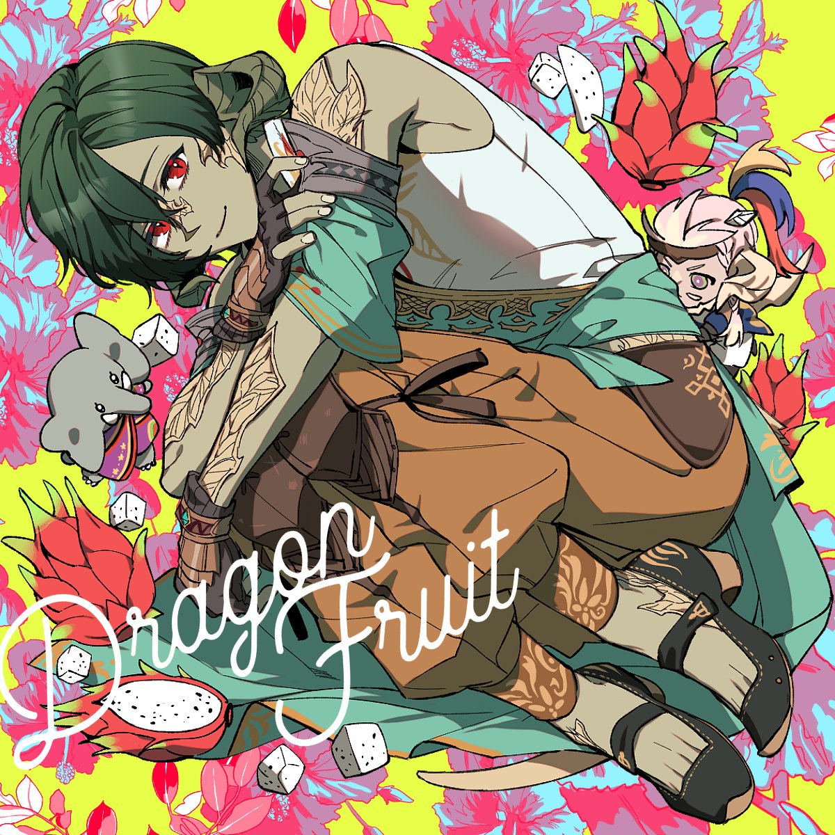 1girl, 2boys, ahewann, arms_on_knees, au_ra, bangs, bare_shoulders, black_footwear, black_gloves, brown_pants, colored_skin, colorful, commentary_request, crossed_arms, curled_horns, detached_sleeves, dice, dragon_boy, dragon_fruit, dragon_horns, dutch_angle, english_text, fetal_position, final_fantasy, final_fantasy_xiv, fingerless_gloves, floral_background, food, from_above, fruit, full_body, gloves, green_hair, green_sash, green_skin, hand_on_own_arm, highres, horns, horu97, indian_clothes, knee_pads, korean_commentary, looking_at_viewer, lying, male_focus, miniboy, minigirl, multiple_boys, nidhana, on_side, pants, puffy_pants, red_eyes, sash, scales, shirt, shoes, short_hair, size_difference, sleeveless, sleeveless_shirt, slit_pupils, smile, solo_focus, swept_bangs, varshahn, white_shirt, yellow_background