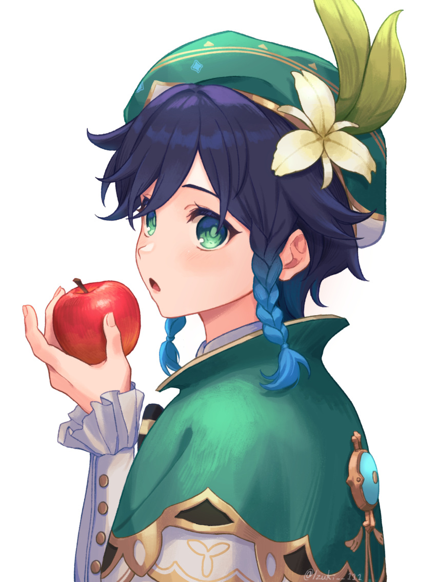 1boy, 39_iduki, androgynous, apple, bangs, beret, black_hair, blue_hair