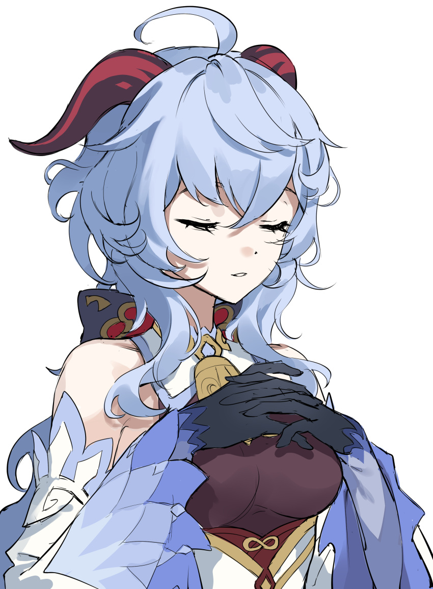 1girl, absurdres, ahoge, aniroud, bangs, bare_shoulders, bell, black_gloves