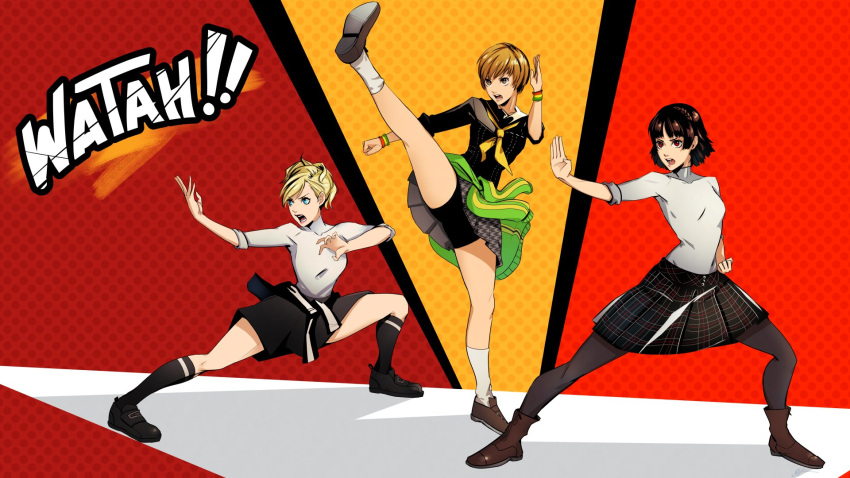 blonde_hair, blue_eyes, brown_eyes, brown_hair, clothes_around_waist, eightyfourart, fighting_stance, full_body, high_kick, highres, jacket, jacket_around_waist, kicking, leggings, lisa_silverman, niijima_makoto, open_mouth, persona, persona_2, persona_4, persona_5, pleated_skirt, satonaka_chie, school_uniform, seven_sisters_high_school_uniform, shoes, short_hair, shuujin_academy_uniform, skirt, socks, spread_legs, yasogami_school_uniform