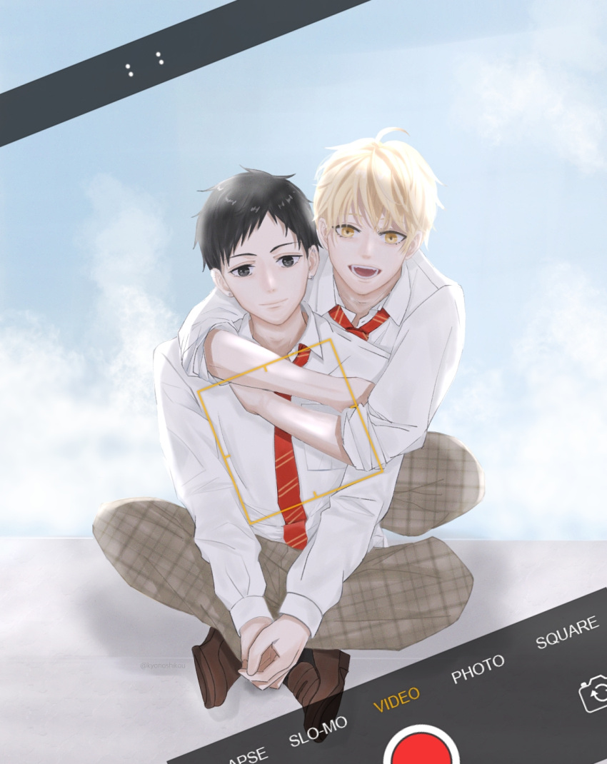 2boys, :d, black_eyes, black_hair, blonde_hair, brown_footwear, cellphone_picture, crossed_legs, highres, hug, hug_from_behind, kono_oto_tomare!, kudou_chika_(kono_oto_tomare!), kyonoshikou, male_focus, multiple_boys, necktie, phone_screen, plaid, red_necktie, school_uniform, shirt, sitting, smile, takaoka_tetsuki, white_shirt, yellow_eyes