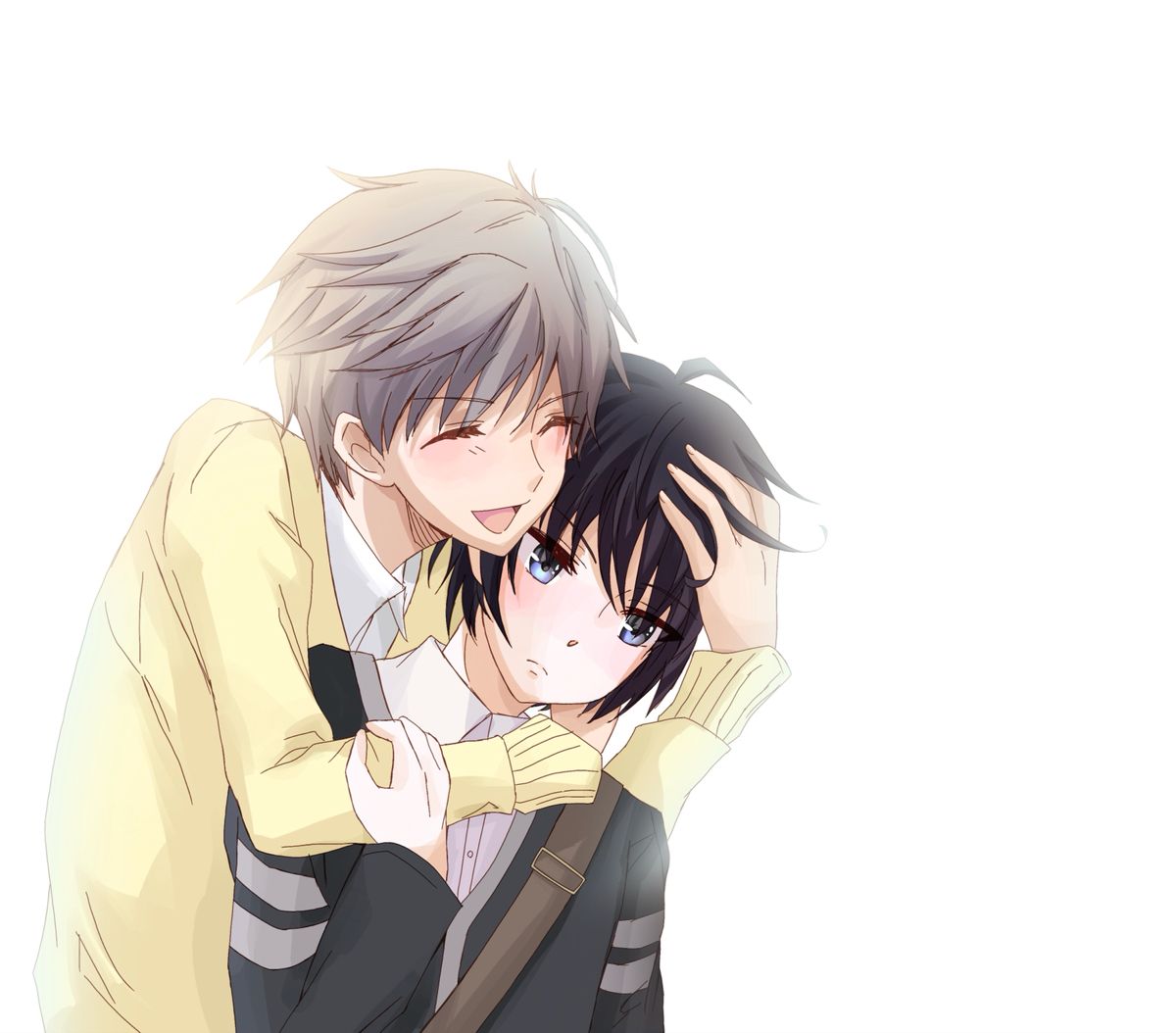 2boys, black_hair, blue_eyes, blue_sweater, collared_shirt, facing_viewer, fruits_basket, fruits_basket_another, grey_hair, hug, hug_from_behind, kodiakfluffbear, long_sleeves, looking_to_the_side, multiple_boys, open_mouth, shirt, short_hair, smile, souma_mutsuki, souma_shiki, sweater, white_background, white_shirt, yellow_sweater