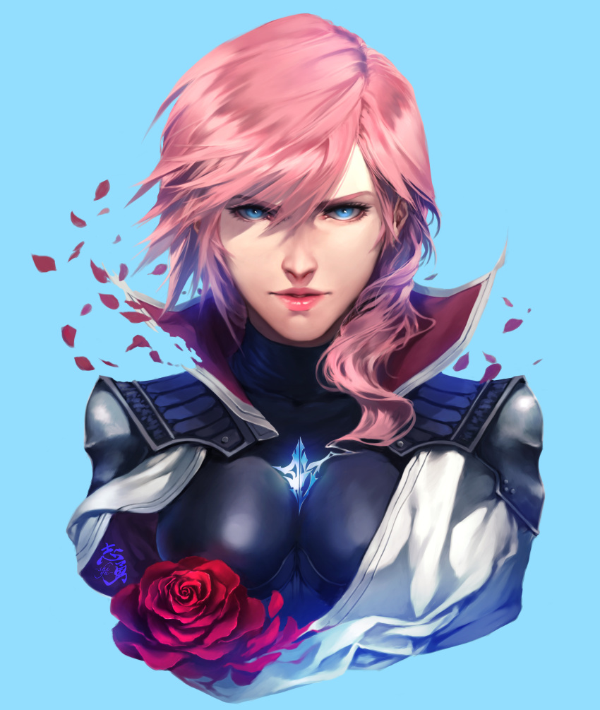 1girl, absurdres, armor, asymmetrical_hair, blue_background, blue_eyes, breasts, falling_petals
