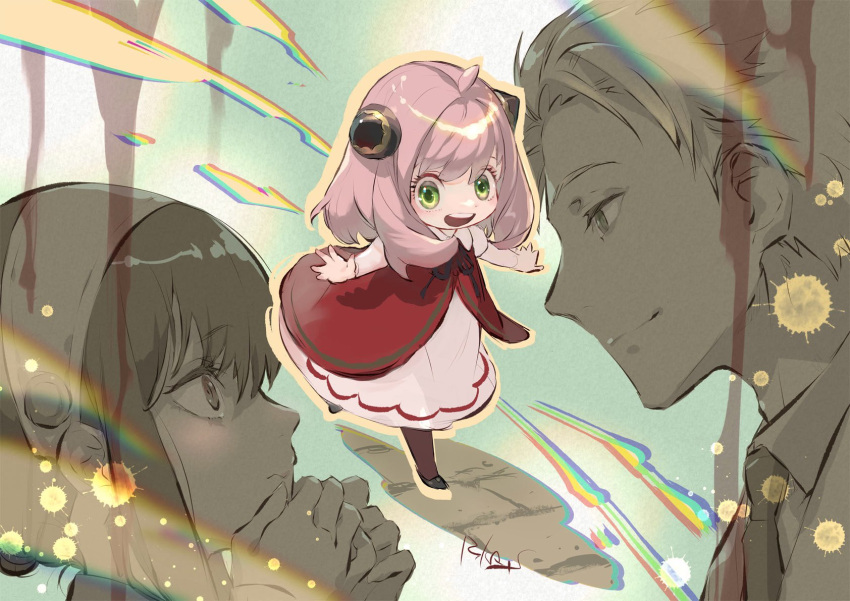 1boy, 2girls, anya_(spy_x_family), blood, collared_shirt, dress, female_child, full_body, green_eyes, hair_between_eyes, hairband, hairpods, highres, looking_at_another, medium_hair, multiple_girls, necktie, open_mouth, outstretched_arms, own_hands_together, pink_hair, red_dress, shirt, short_hair, short_hair_with_long_locks, sidelocks, signature, smile, spy_x_family, suzuki_rika, twilight_(spy_x_family), two-tone_dress, upper_body, white_dress, yor_briar