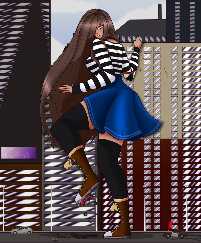 absurdres, breasts, brown_footwear, brown_hair, building, car, cityscape, crushed