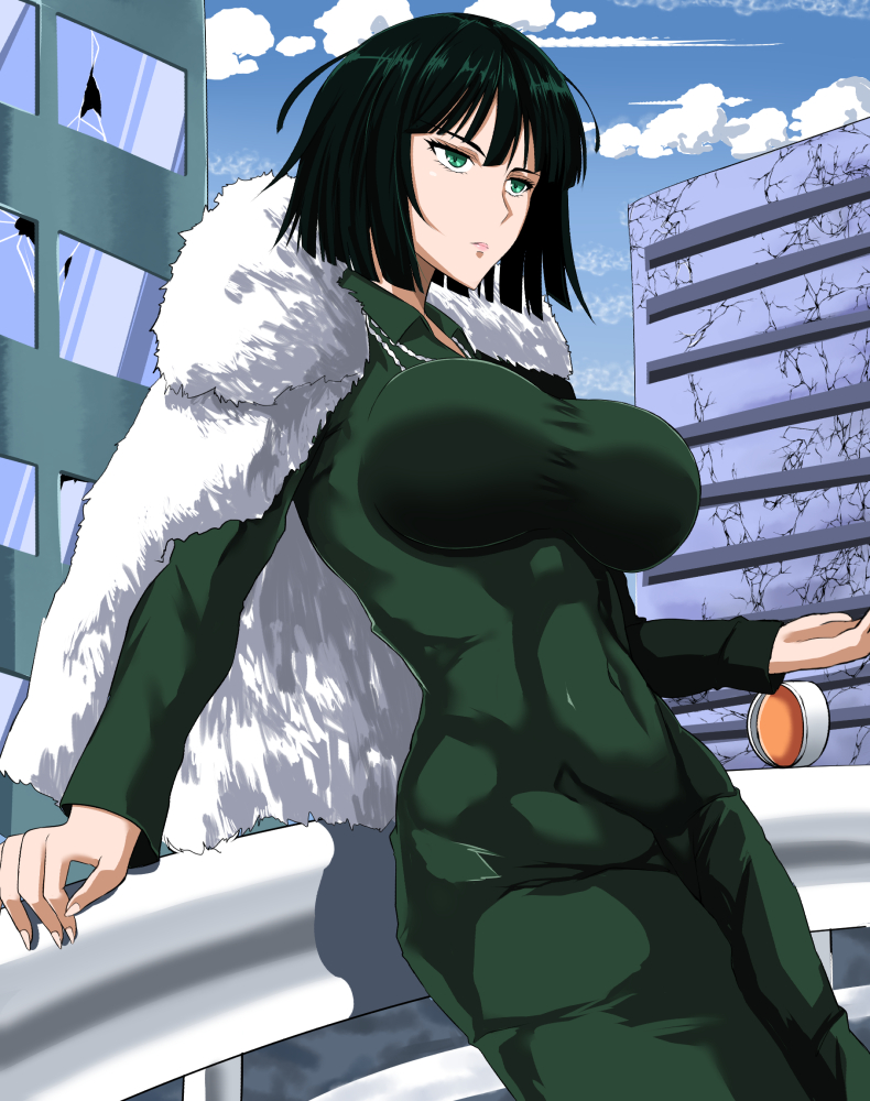 1girl, abs, arm_support, bangs, black_hair, blunt_ends, breasts, building, closed_mouth, coat, collared_dress, covered_navel, cracked_wall, day, dress, expressionless, eyebrows_hidden_by_hair, fubuki_(one-punch_man), green_eyes, impossible_clothes, impossible_dress, long_sleeves, looking_to_the_side, one-punch_man, outdoors, short_hair, solo, standing, stomach, takara_joney