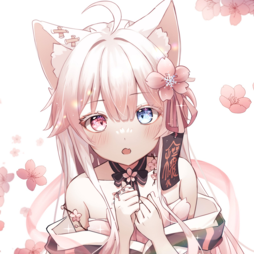 1girl, ahoge, animal_ear_fluff, animal_ears, bangs, bare_shoulders, blue_eyes, body_piercings