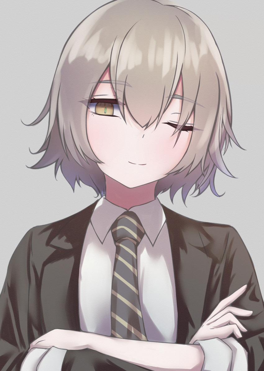 1girl, bangs, black_necktie, black_suit, closed_mouth, collared_shirt, commentary_request, crossed_arms