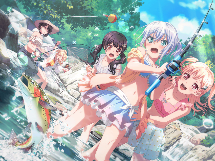 5girls, bang_dream!, bikini_top, black_choker, black_hair, blonde_hair, blue_hair, blush