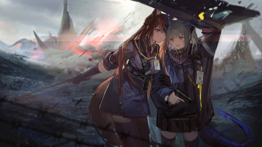 2girls, absurdres, animal_ears, arknights, arm_up, asymmetrical_legwear, black_scarf, black_shirt