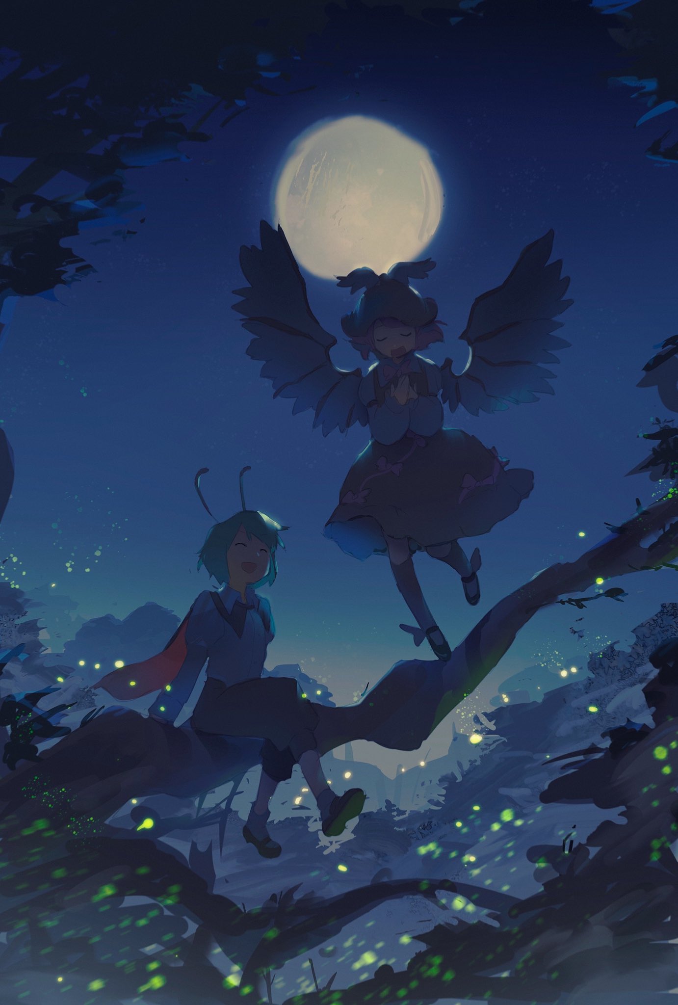 2girls, antennae, bangs, bird_wings, branch, cape, closed_eyes, english_commentary