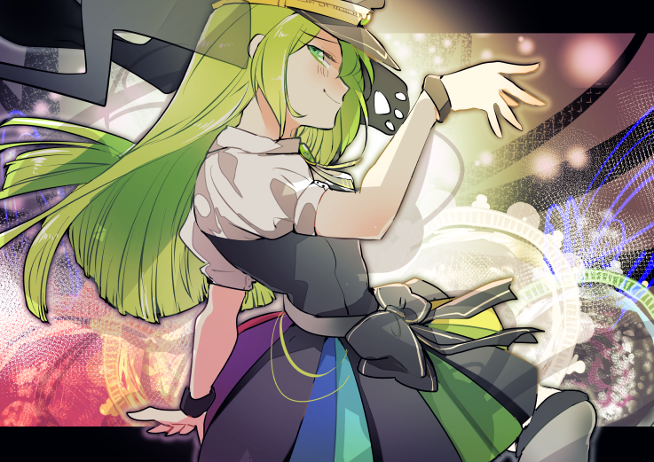 1girl, alina_gray, aqua_eyes, black_bow, black_headwear, black_necktie, black_vest, blunt_ends
