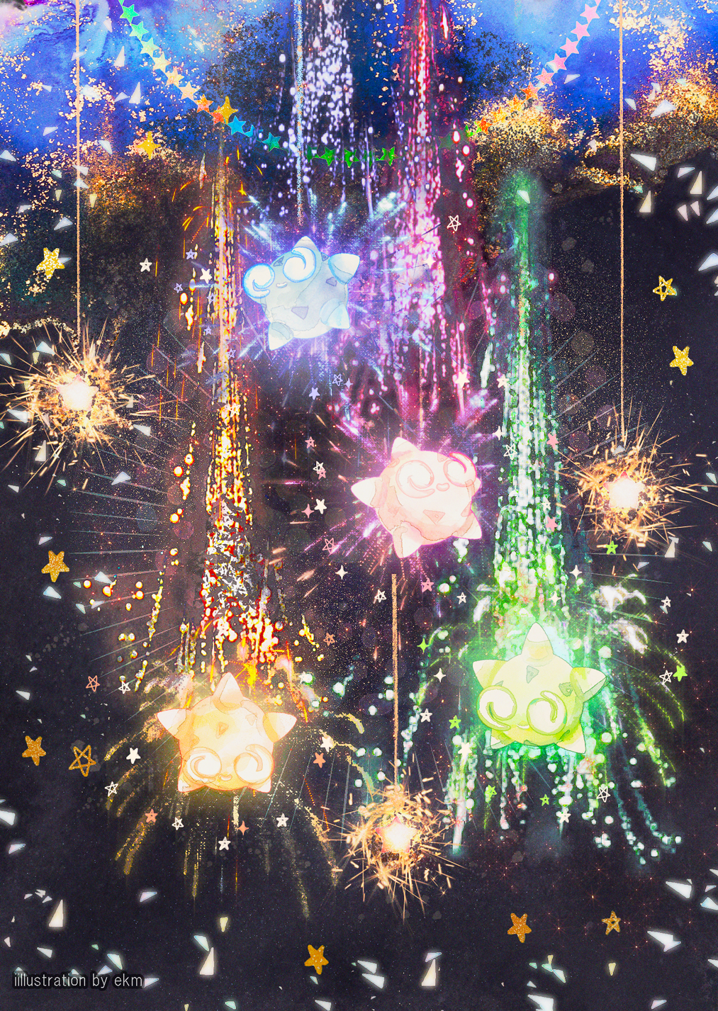 @_@, black_background, blue_eyes, closed_mouth, colorful, commentary_request, ekm, fireworks