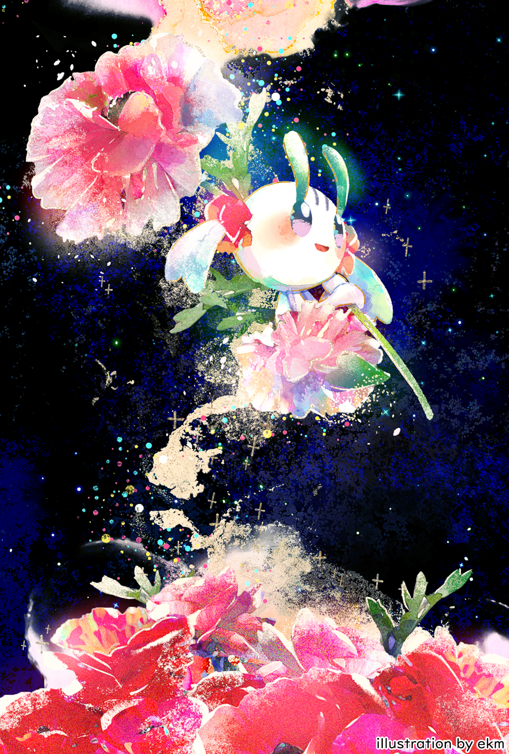 1other, antennae, artist_name, blue_background, blush, colored_skin, commentary, ekm