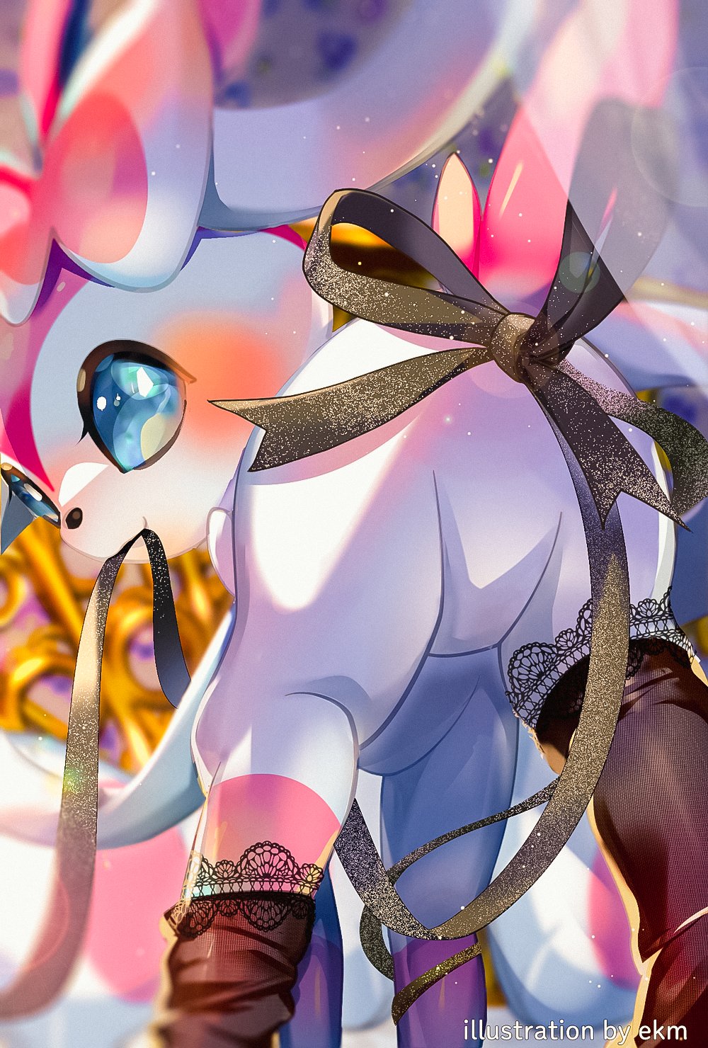 animal_focus, artist_name, ass, black_ribbon, black_socks, blank_eyes, blue_eyes, blurry